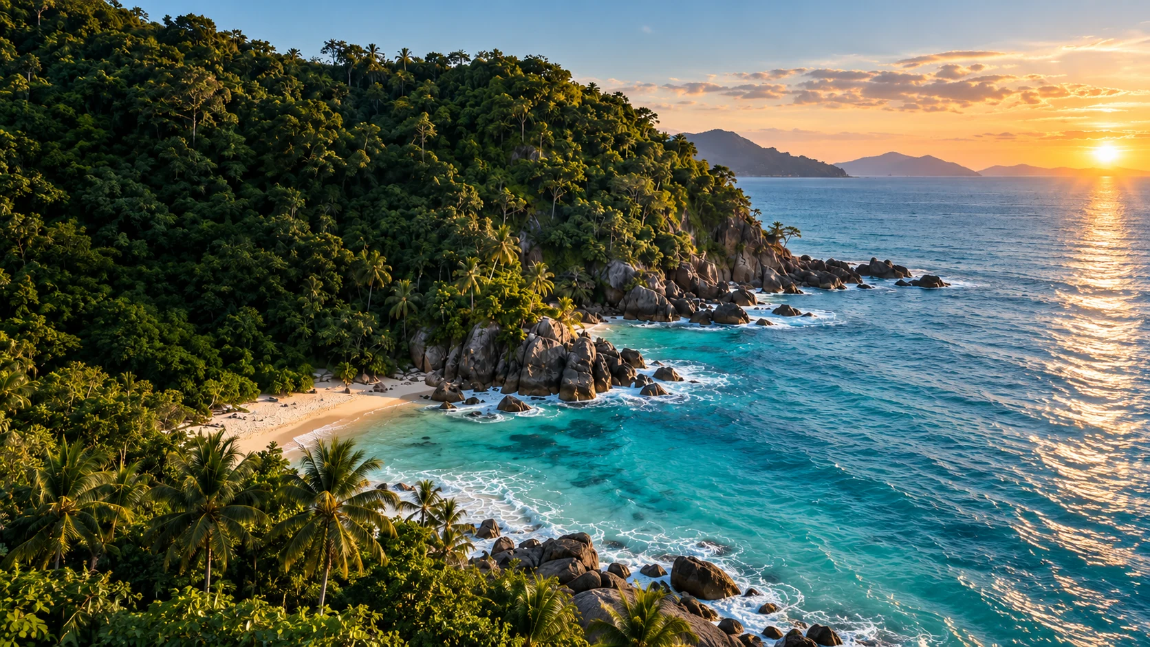 夕阳下的葱郁海岸与碧蓝海水