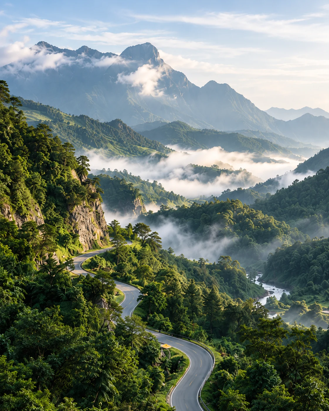 云雾山谷间蜿蜒向前的公路